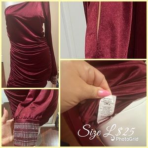 NWOT Christmas Dress one Shoulder Burgundy with bling on sleeve